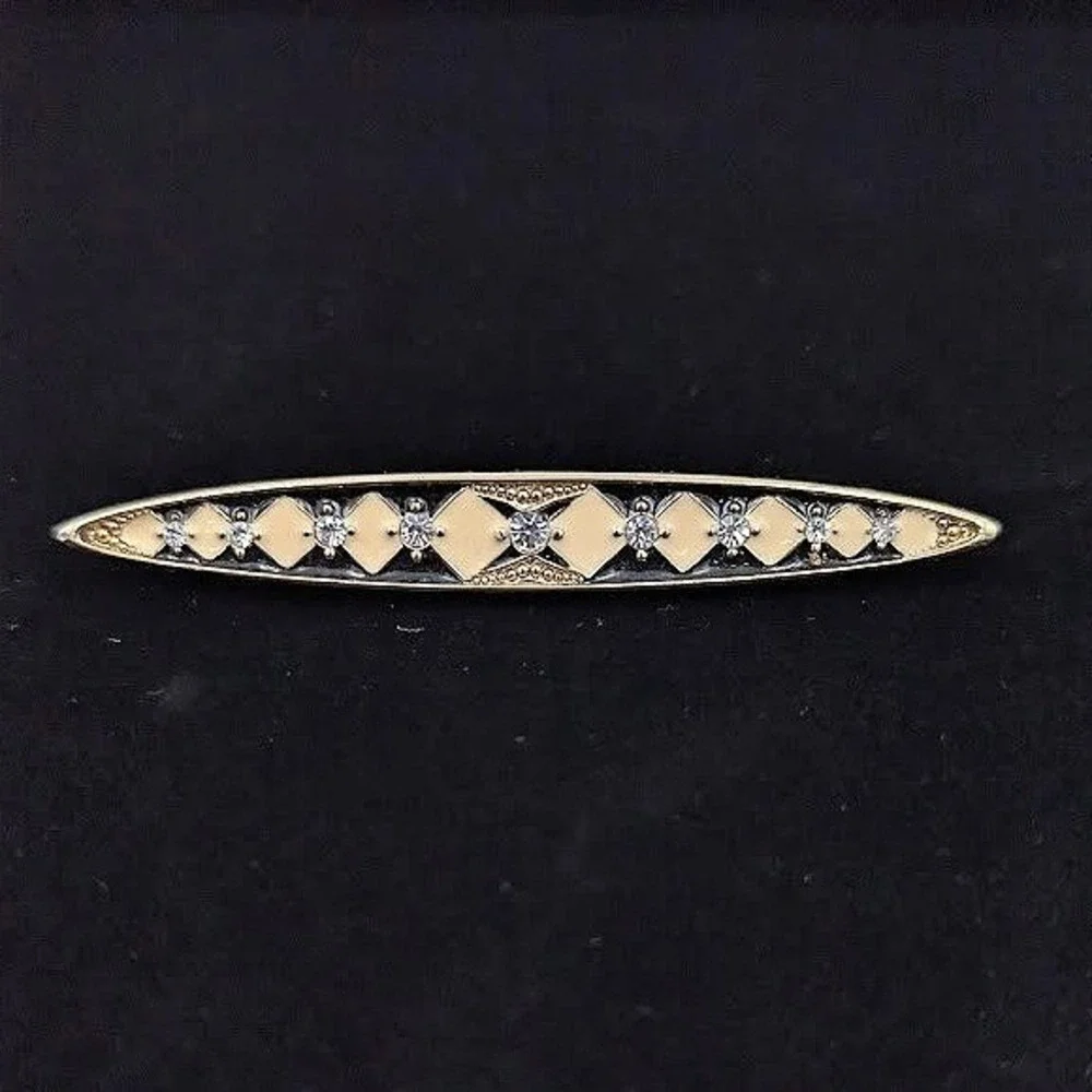 Art Deco Gold Tone Bar Pin Brooch Geometric Inlay Clear‎ Rhinestones Vintage